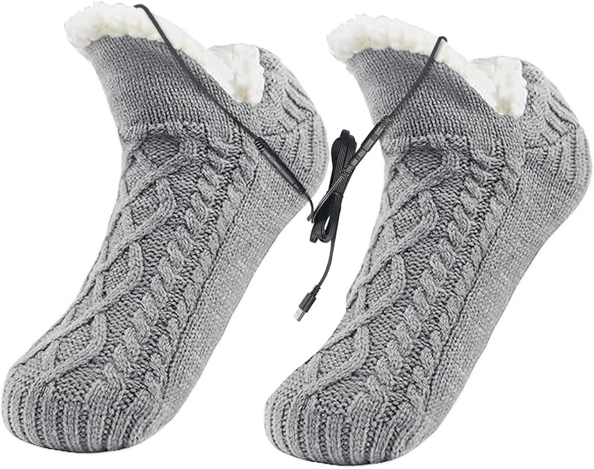 PURFUN Electric Heated Fleece Socks for Women Teens, Winter Cozy Fleece Lining Foot USB Heating Pad Anti-Slip Thermal Christmas Home Knitted Heat Socks Indoor Slippers Foot Warmer Heater Footwear