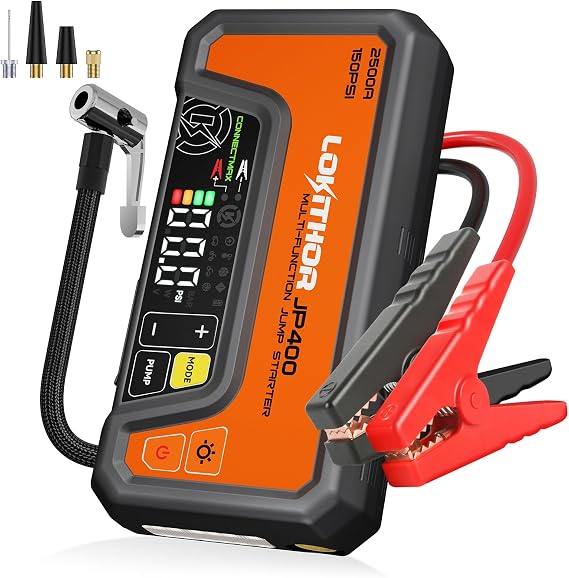 LOKITHOR JP400 Jump Starter with Air Compressor for 8.5L Gas/6.5L Diesel | 2500A 12V Battery Jumper Starter Portable, 150PSI Tire Inflator, 300Lumen