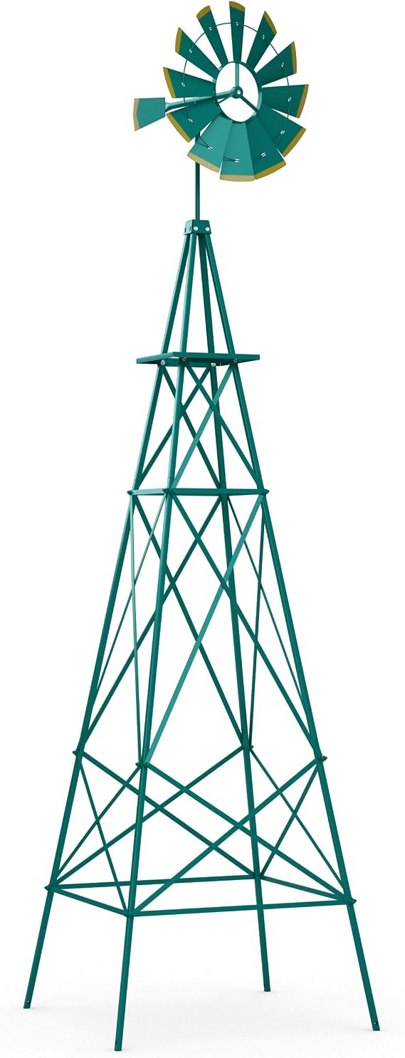 DREAMADE 8ft Steel Windmill, Farmhouse Windmill Decoration with Directional Vane, 4 Anchoring Stakes & Reinforced Base, Weather-Ready Garden Spinner for Backyard, Garden, Patios, Rural Areas (Green)