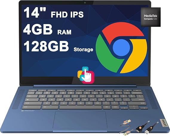 Lenovo IdeaPad Slim 3 Chromebook Laptop 14" FHD Touch (100% sRGB) MediaTek 8-core Kompanio 520 4GB RAM 128GB Storage (64GB eMMC+64GB SD Card) Privacy Camera Type-C 13.5-hr Battery Life ICP Accessory