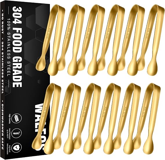 Walfos Small Gold Tongs For Serving,Food Grade Stainless Steel 4" Mini Tongs Appetizers for Parties Catering, Sugar,Desserts,Tea Party, Coffee Bar, Set of 12 (Gold)