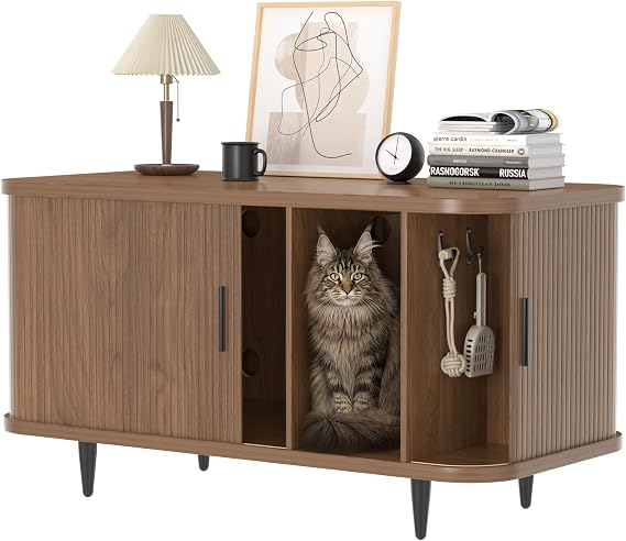 Cat Litter Box Cabinet with Roller Shutter Door Design, Mid-Century Wooden Cat Cabinet for Large Cats, Hidden Litter Box with Storage & Sturdy Metal Legs, 105 x 50 x 58 cm, Walnut