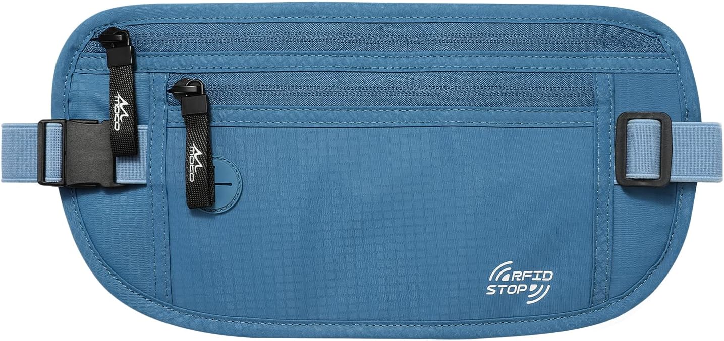 MoKo Secure Travel Money Belt, Undercover Hidden RFID Blocking Travel Wallet, Anti-Theft Passport Wallets for Men Women, Blue