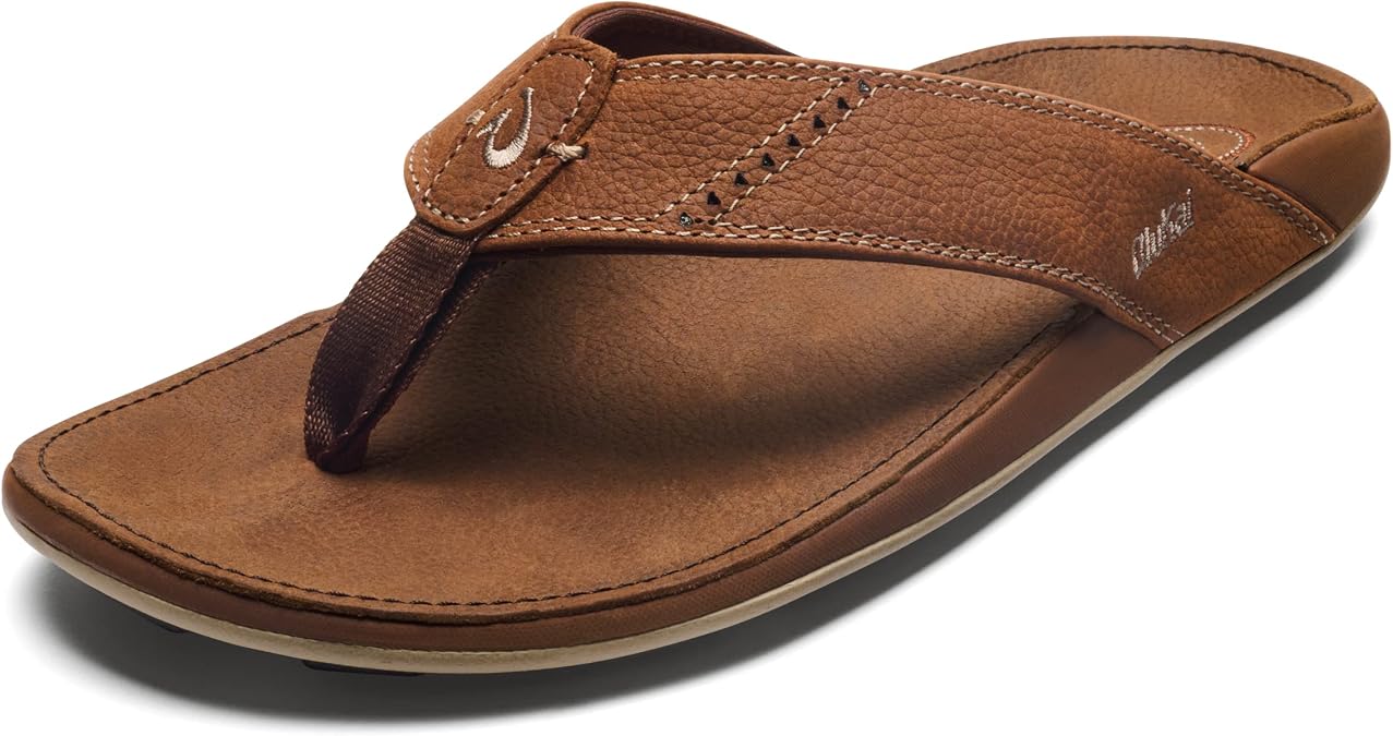 OluKai Nui Men's Beach Sandals, Full Grain Leather Flip-Flop Slides, Compression Molded Footbed & Ultra-Soft Comfort Fit
