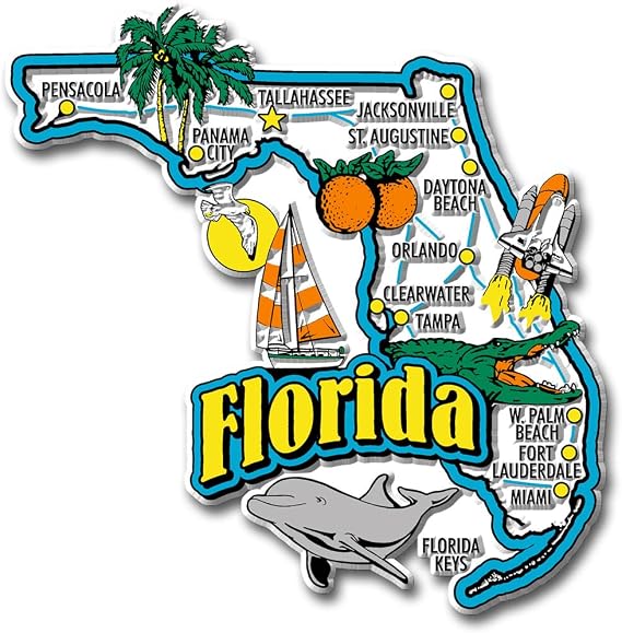 Florida Jumbo State Magnet by Classic Magnets, 4" x 4", Collectible 3D Rubber Vintage-Style Souvenirs and Gifts Made in the USA