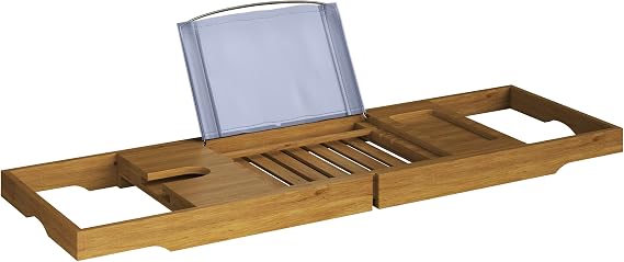 Bathtub Tray - Natural Acacia Wood Bath Tray with Wine Glass Holder, Book, Phone, or Tablet Rest - Expandable Bathtub Accessories by Home-Complete