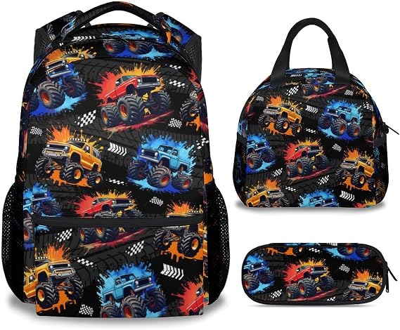 Toddler Backpack Set - 3Pcs Truck Backpacks for Boys - Kids Bookbag with Lunch Box & Pencil Case - Durable School Bag for Kindergarten/Preschool/Elementary (17 Inch)