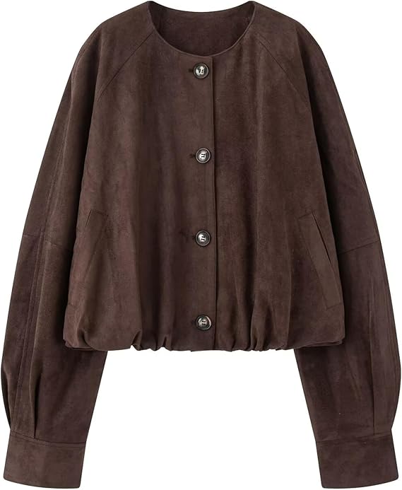 Womens Cropped Faux Suede Jacket Crew Neck Button Down Outerwear Long Sleeve Oversized Bomber Jacket