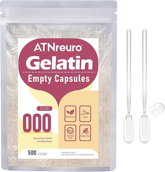Size 000 Empty Gelatin Capsules with 2 Micro Spoons - 500 Count Empty Clear Capsule - Gel Pill Capsules for Powders Supplements