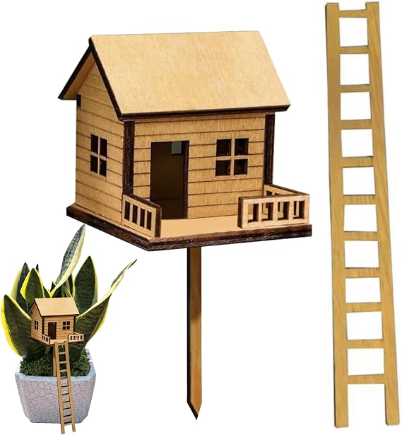 Mini Wooden Treehouse with Ladder, 7.5x6.5x6cm Miniature Houses Garden Decor, Tiny Plant Pot House Ornament for Houseplants, Desk & Terrarium, Easy to Assemble Miniature House Kit