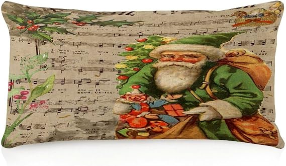 Farmhouse Body Pillow Case Cover with Zipper 12x20in Old Time Santa Holiday Decor Lumbar Throw Pillow Cover Retro Music Scores Throw Pillows Cases for Porch Car Indoors