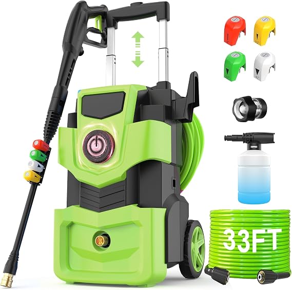 Adjustable Electric Pressure Washer 5000PSI with 33FT Flexible Hose, 4 Nozzles, Foam Cannon, Best Power Washer for Cars, Patios, Driveways, Green