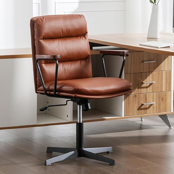 Okeysen Desk Chair No Wheels, Modern Office Chair with Wooden Armrests, PU Leather Office Chair for Home, Ergonomic Swivel Vanity Chairs, Comfy Chairs with Thick Cushion (Retro Brown)