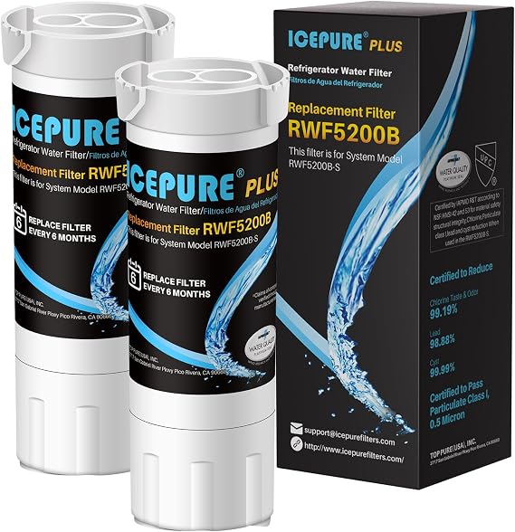 ICEPURE PLUS RWF5200B NSF/ANSI 53 Replacement for XWF (NOT XWFE), WR17X30702, Applicable models starting with GBE21 GDE21 GDE25 GFE24 GFE26 GNE21 GNE25 GNE27 Refrigerator Water Filter, 2PACK