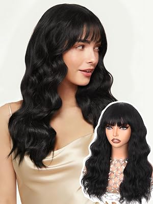 WIGNEE 100% Virgin Human Hair Wig Natural Wave Wigs with Bangs Brazilian Human Hair Wave Wigs Natural Black Color 18 Inch