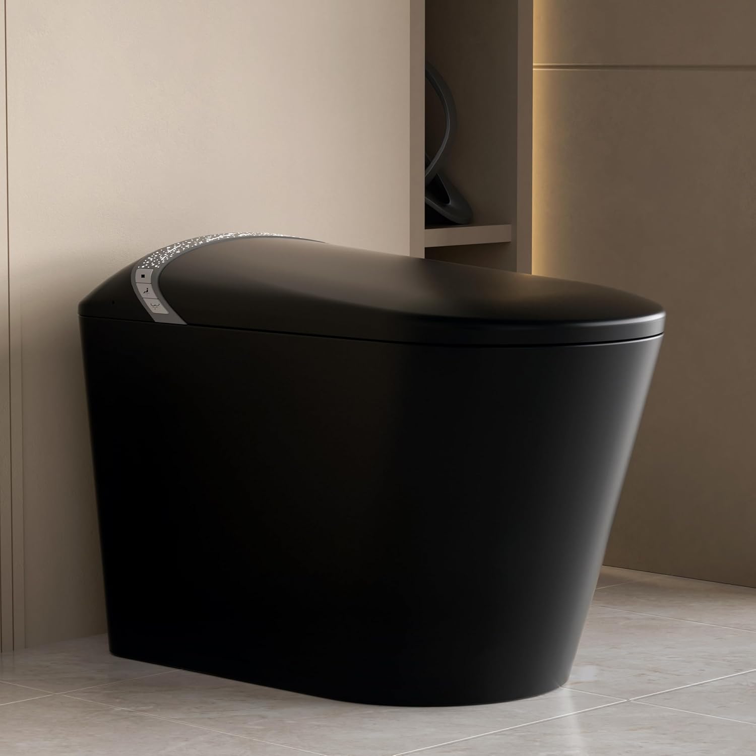 Smart Toilet with Starry Night Lighting Effects,Bidet Build in,Warm Air Drying,LED Light, Heated Seat, Automatic Switch Seat,ADA Comfortable Height Black