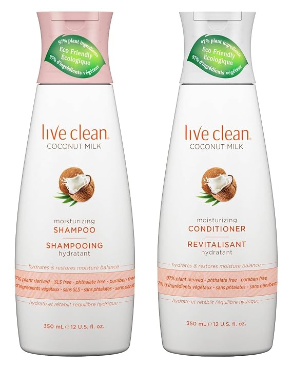 Live Clean Coconut Milk Moisturizing Shampoo and Conditioner, 12 oz each with Certified Organic Coconut Extract and Oil, Petrolatum-free, Phthalate-free and Paraben-free