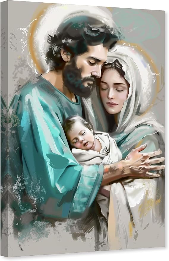 ARTZGX Jesus and Virgin Mary Canvas Wall Art Holy Family Picture Christian Painting Catholic Poster for Churches Decor Frame(Holy Family - A 12.00" x 18.00")