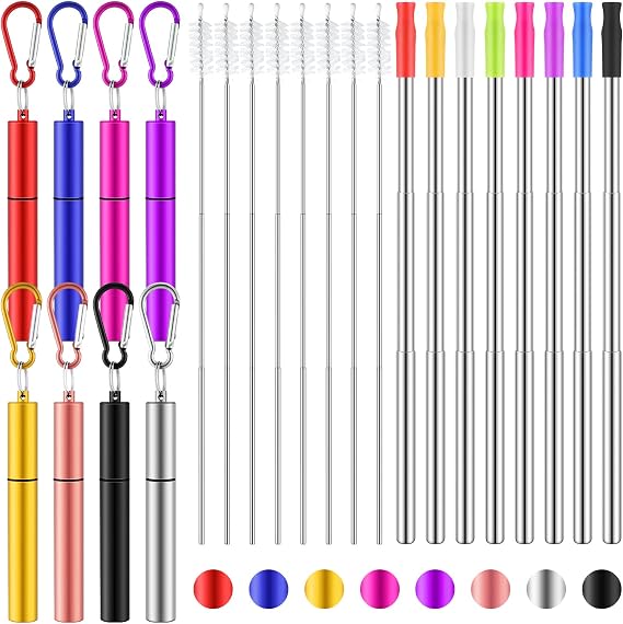 8 Pack Cruise Metal Collapsible Reusable Straws, Classic Style
