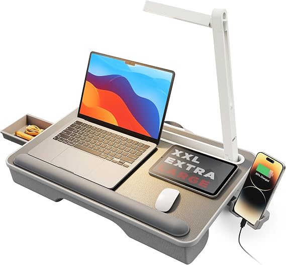SAIJI Lap Desk with LED Light, Portable Laptop Tray with Cushion | Fits Up to 17" Laptops & MacBook, Lap Desks for Writing and Working, Leather Top, with Drawer, Wrist Rest and Phone Holder