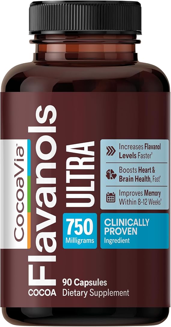 CocoaVia Ultra 750mg Cocoa Flavanols Heart & Brain Support, Memory & Blood Circulation Booster, High Flavanol Cocoa for Nitric Oxide, Energy & Oxygen Boost, Vegan, Gluten-Free, 30-Day Supply