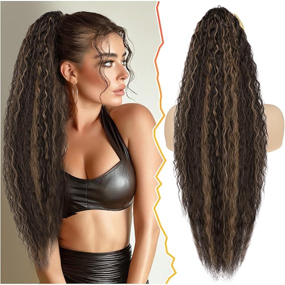 BARSDAR Dark Brown with Highlight Long Curly Wavy Drawstring Ponytail Extensions 30 Inch Synthetic Comb Clip in Pony Tails Hairpieces for Women - Voluminous Highlight Bohemian Drawstring Ponytail