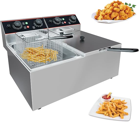 GarveeHome Commercial Deep Fryer with Basket, 12.6 QT Stainless Steel Electric Countertop Fryer with Double Tanks and Temperature Control for Restaurant and Home Use, 1500 W+1500 W