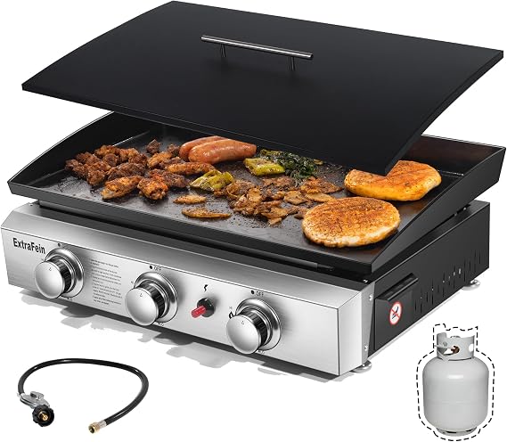 Gas Griddle Flat Top 24 Inch, 3 Burner, 30000 BTU, | Stainless Steel Tabletop Grill with Lid and Iron Pan, Portable Griddle Propane for Kitchen, Camping, Outdoor, Tailgating