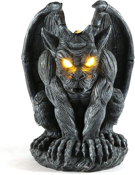 Large Winged Gargoyle Statue with Solar Lights Outdoor Decor, Sitting Gargoyle Monster Dragon Garden Guardian Gothic Creep Scary Sculpture, Patio Yard Lawn Decorations, Valentine's Day Gift