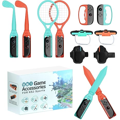 Sports Accessories Bundle, 18 in 1 Family Pack for Nintendo Switch 2 (2025) Golf Clubs, Tennis Rackets, Sword Grips, Bowling Ball Grips, Wrist & Leg Straps for Sports Games