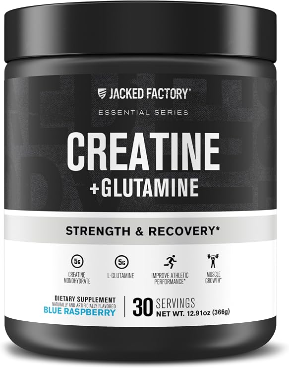 Jacked Factory Creatine + Glutamine - Creatine Supplement with L-Glutamine for Muscle Recovery, Muscle Growth, Increased Strength, Enhanced Energy Output, and Gut Health - 30 Servings, Blue Raspberry