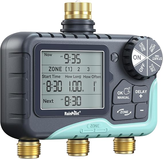 RAINPOINT 3Zone Water Timer, Brass Inlet & Outlet, 2027 Upgraded Enhanced Waterproof LCD, 3 Custom Watering Plans, IP65 Sprinkler Timer, Rain Delay, ManualAutomatic Watering for Yard Lawn Greenhouse