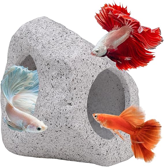 Fish Tank Decoration Accessories, Natural Ceramic Stones Aquarium Ornament, Fish Tank Cave Hideaway Rock for Shrimp, Cichlid, Betta Fish & Aquatic Pets Masking and Breeding