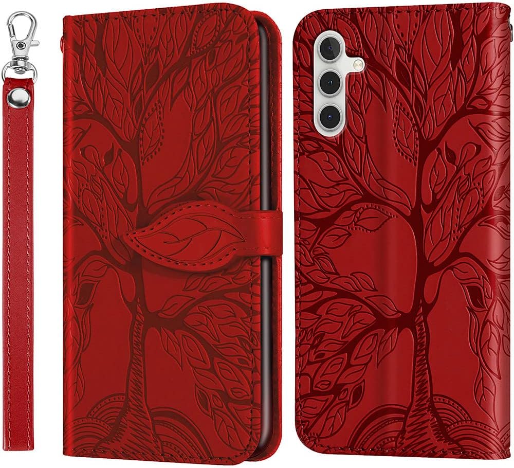 MEUPZZK Samsung Galaxy A14 5G Case, Samsung A14 5G Wallet Case, Embossed Tree Premium PU Leather [Kickstand] [Card Slots] [Wrist Strap] [Folio Flip] [6.6 inch] Phone Cover for Samsung A14 5G R-Red