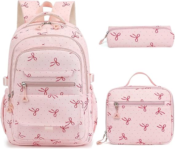 Girls School Backpack with Lunch Box for Kids Kawaii Bow Bookbag