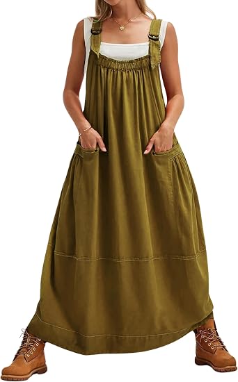 Yeokou Womens Overall Dress Cotton Barrel Midi Travel Dress Loose Fit Adjustable Straps Big Pockets Jumpsuits