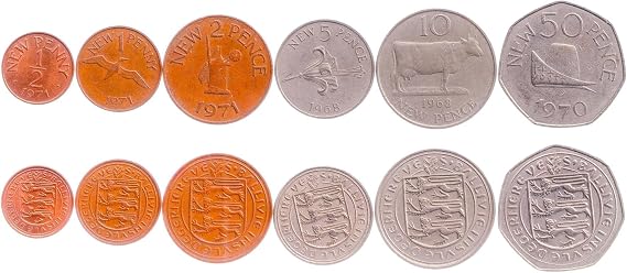 6 Coins from Guernsey | Giernesiais Coin Set Collection 1/2 1 2 5 10 50 New Pence | Circulated 1968-1971 | Cattle | Northern Gannet | Leopard | Guernsey Lily
