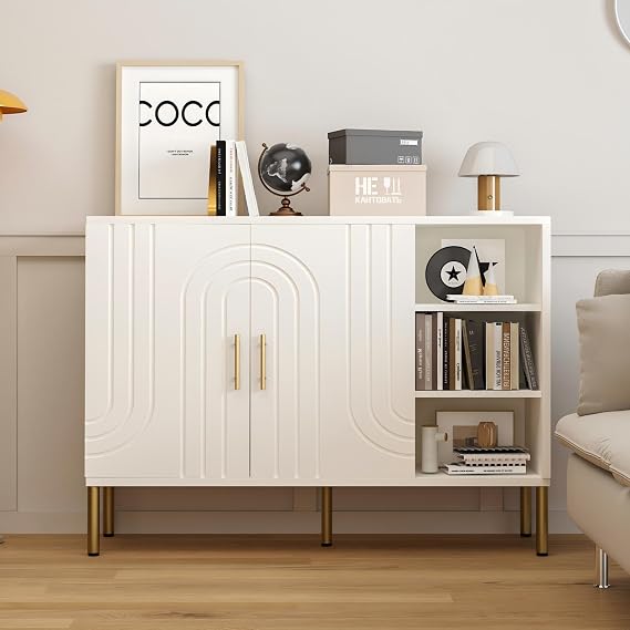 Sideboard with Curved Texture, Cream White, 110x35x82 cm | Wooden Storage Cabinet with 2 Doors and 3 Tier Shelves, Kitchen Cupboard Storage, Buffet for Living Room Kitchen Hallway