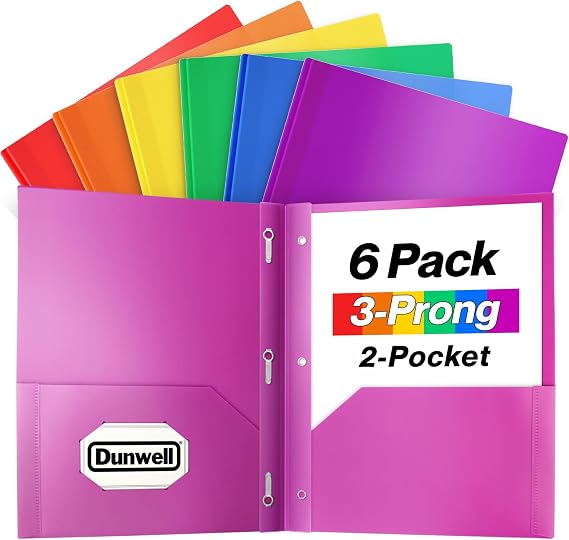 Dunwell Plastic 2-Pocket Folders with 3 Prongs, Assorted, 6 Pack