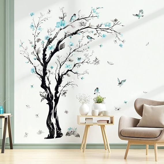 decalmile Blue Flower Tree Blossom Floral Sofa TV Wall Decals Stickers (XL)