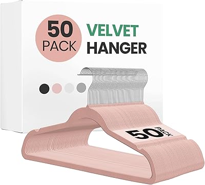 InfiniPower 50 Pack Velvet Hangers, Heavy Duty Clothes Hangers for Coat, Pants & Dress, Non-Slip Hanger Set with Shoulder Notches, 360 Swivel Hook, Space Saving, Pink
