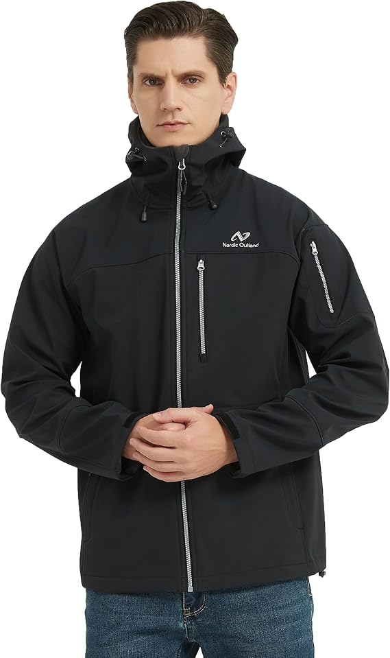 NORDIC OUTLAND Men's Waterproof Softshell Rain Jacket, Hooded Windbreaker 7 Pockets, Lightweight Shell for Outdoor Activities