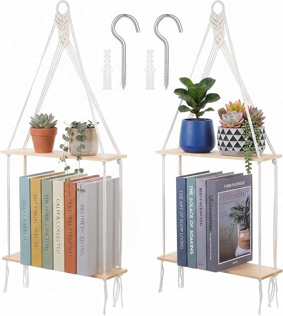 2 Pack Macrame Hanging Shelf, Boho Hanging Shelves, Rope Shelf, Handmade Cotton Wood Floating Display for Plants, Photos, Living Room, Bedroom, Bathroom, Beige
