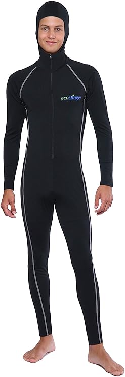 EcoStinger Men Full Body Stinger Suit Dive Skin with Hood UV Swimsuit UPF50+ Black Silver Stitch
