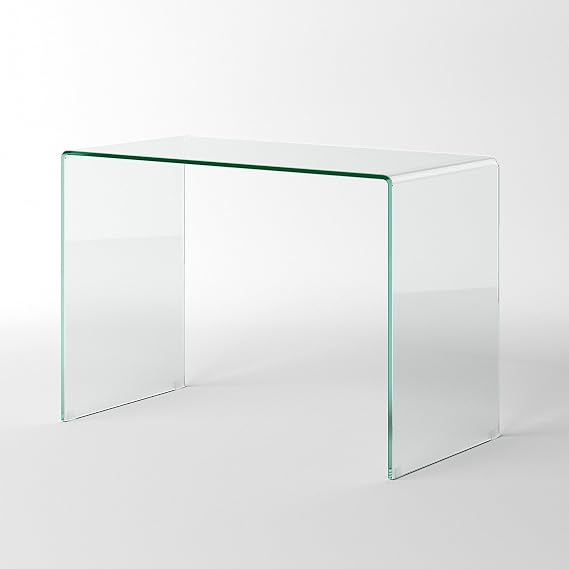 Neos Modern Furniture Bent Glass Computer Desk, Rectangular Shaped PC Laptop Workstation Table for Home Office, Clear