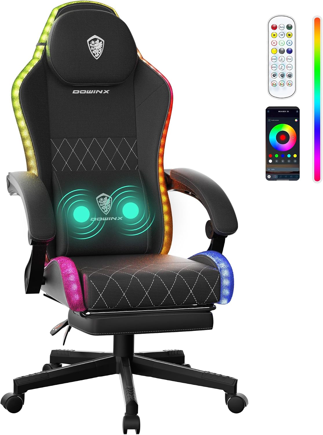 Dowinx Fabric Gaming Chair, LED Game Chair with Massage Lumbar Support and Footrest - Ergonomic Computer Chair with Adjustable Height for Adults and Teens, Black