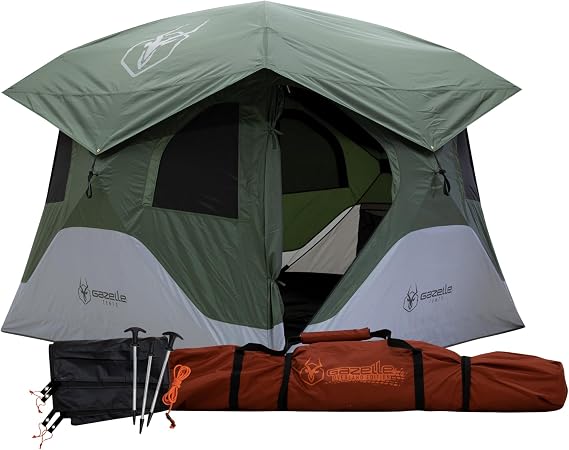 Gazelle TentsTM T4 Hub Tent with Overland Kit, Easy 90 Second Set-Up, Waterproof, UV Resistant, Removable Floor, All-Terrain Stakes, Duffle Bag, 4 Person, Alpine Green/Slate, 94" x 94" x 78", GK917