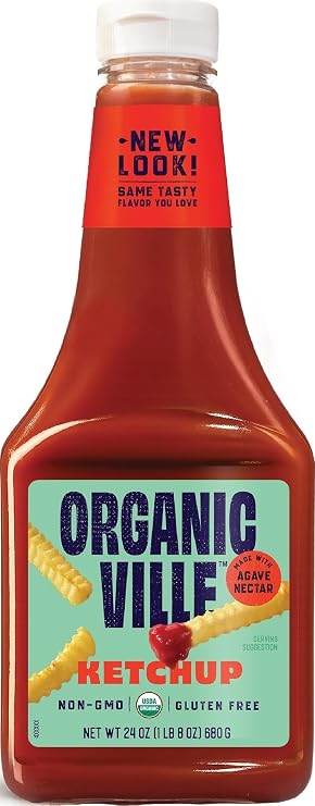 Organicville Organic Ketchup - Tomato Ketchup, Gluten Free, Non-GMO, Vegan, USDA Organic, Made with Agave Nectar, Plant-Based Ketchup, Squeeze Bottle - 24 Oz