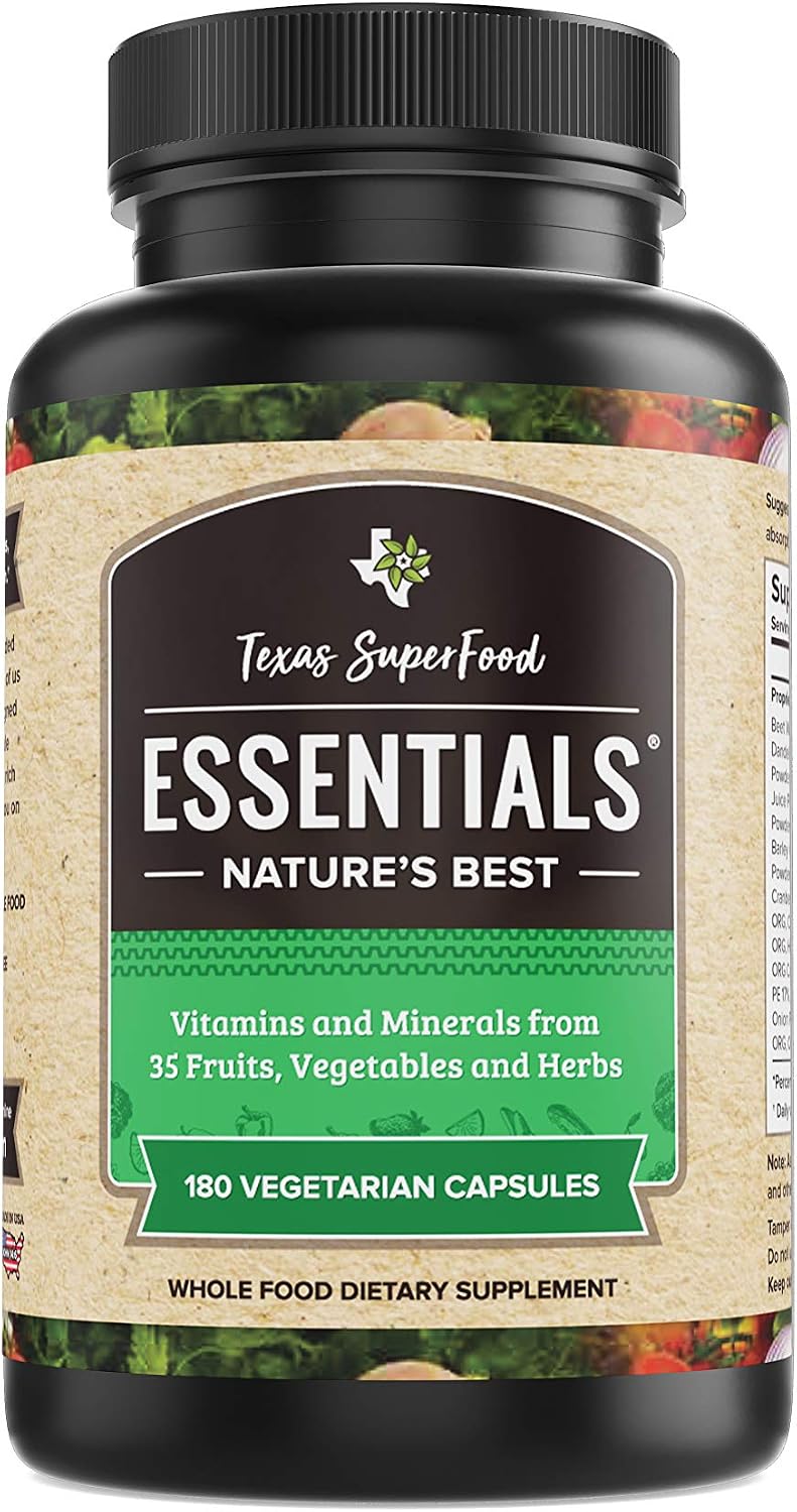 Texas SuperFood - Essentials Vitamins and Minerals, All Natural Whole Food Dietary Supplement, Red & Green Superfoods, Fruit & Vegetable Pills, Gluten Free, Dairy Free, Soy Free, 180 Capsules