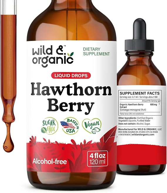 Wild & Organic Hawthorn Berry Tincture 600 mg - Antioxidant Support - 4 oz | Liquid Hawthorne Berry Supplement - Add to Tea - No Sugar & Alcohol-Free Fruit Extract Drops - Natural, Plant-Based, Vegan